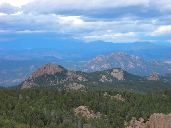 The eastern Pike National Forest and the basin of the South Platte River (Long Scraggy Peak is the elongated craggy ridge to the right)