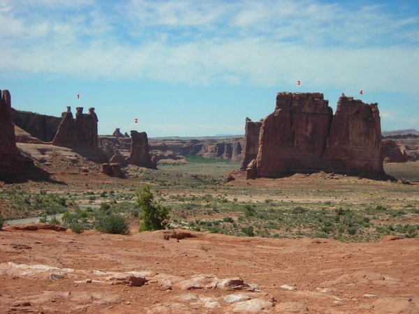 Site-seeing in Arches: 1. The Three Gossips, 2. Sheep Rock, 3. The Tower of Babel, 4. The Organ