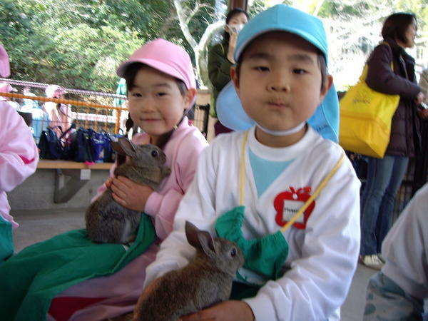 Aoi and Masazumi with rabbits