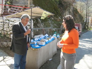 Christina talking to a local merchant on the road to Mystra