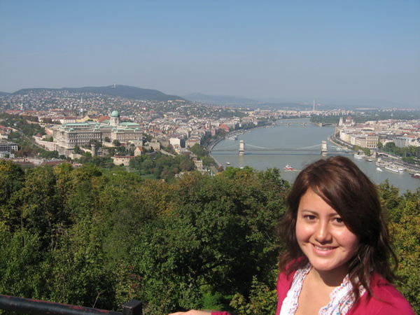Cris near the statute of Liberty with views of Budapest