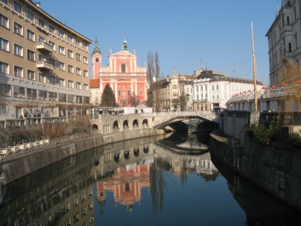 Ljubljana- Ljubljanica river and main square beyond