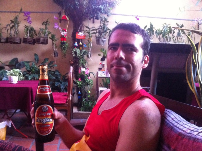 At our hostel, Phil's favourite beer so far :) Angkor beer