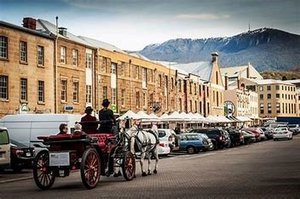 Shopping in a horse and carriage, Salamanca Place, Hobart