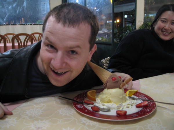Tom with his fancy Pinocchio dessert
