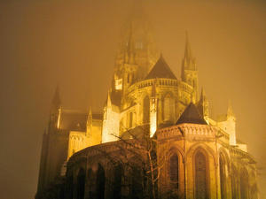 Rouen Cathedral on a foggy night