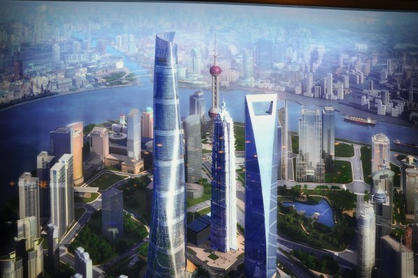 An artistic rendering of the Pudong skyscrapers- The tallest building on the left is being built right now
