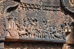 Carving detail and Hindu mythology at Banteay Srey