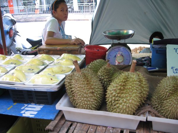 Durian fruit at the market, it's famous for its rotten egg-like smell, although the taste is sweet
