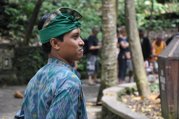 11 Balinese head wraps, that many men wear, this man is a guide in the monkey forest