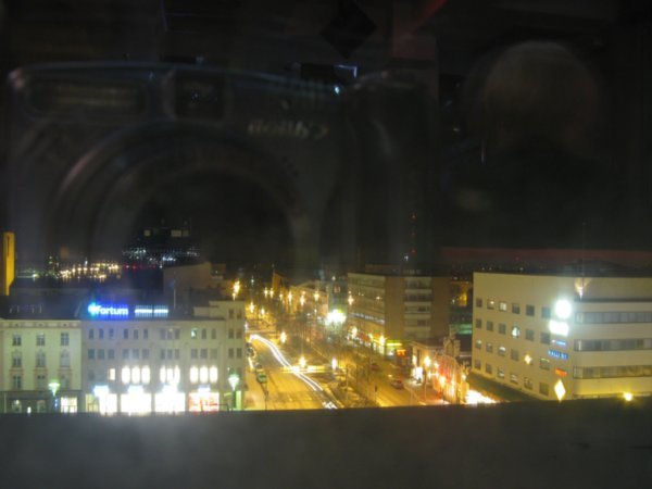 This is our hometown Vaasa from Sky bar. The reflection shows also our new camera.