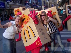 Liz and Jen with Macdonald mascots, Shanghai