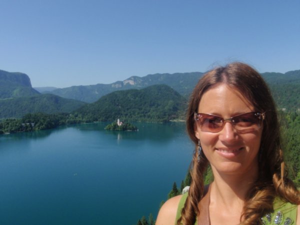 Me at the top of Bled Castle with Lake Bled church in the background