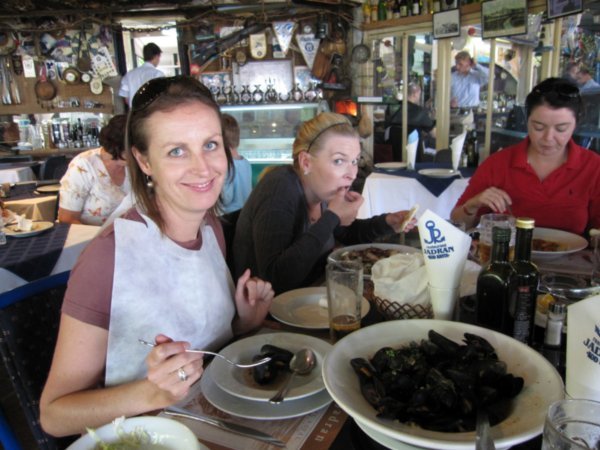 Susie eating her mussels at lunch in Budva