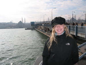 Erin in front of the Galata Bridge, Istanbul
