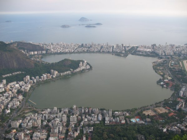 View across Lagoa Rodrigo de Freitas to Ipanema Beach