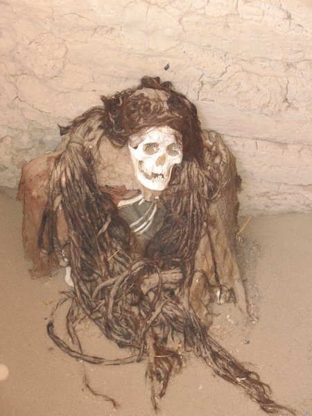 perfectly preserved skull and hair of a pre-Inca mummy at  Chauchilla Cemetery