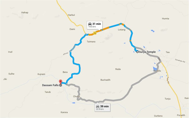 Rout to Dassam Falls from Surya temple - courtesy Google map