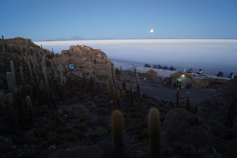 Moon over Cactus island, Salar de Uyuni- salt flats