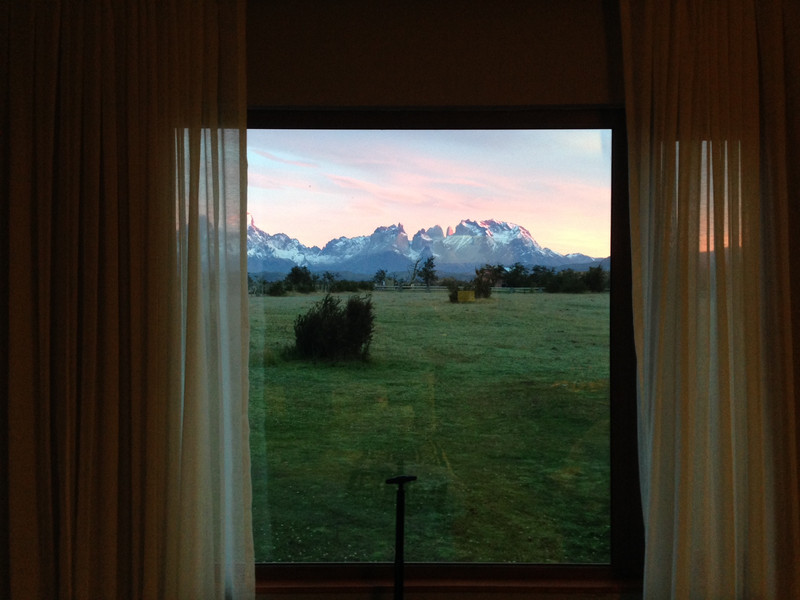 View from Rio Serrano hotel room of Torres del Paines Nat Park Feb 18
