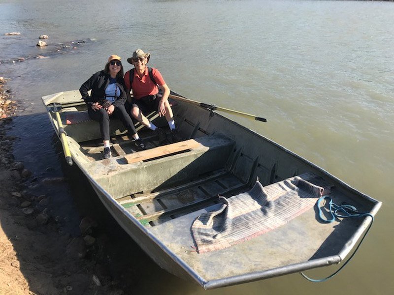 Lee and Nancy in rowboard in the Rio Grande to travel to Mexico Mar 19