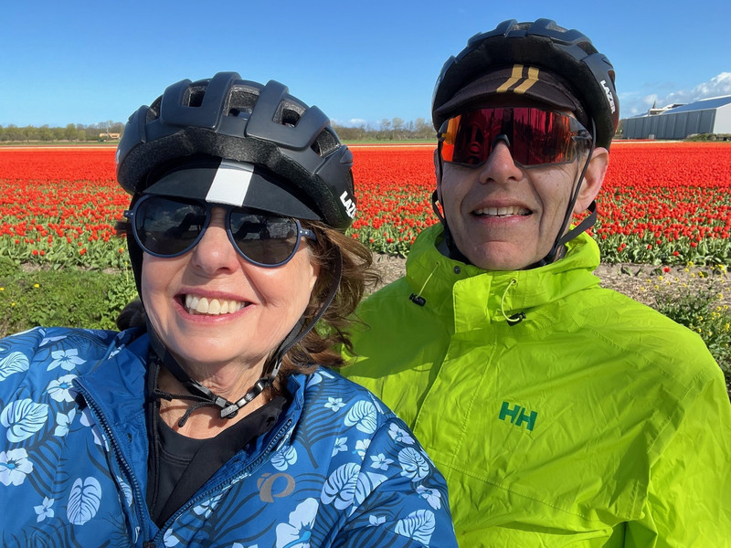 Lee and Nancy riding through tulip fields Apr 24