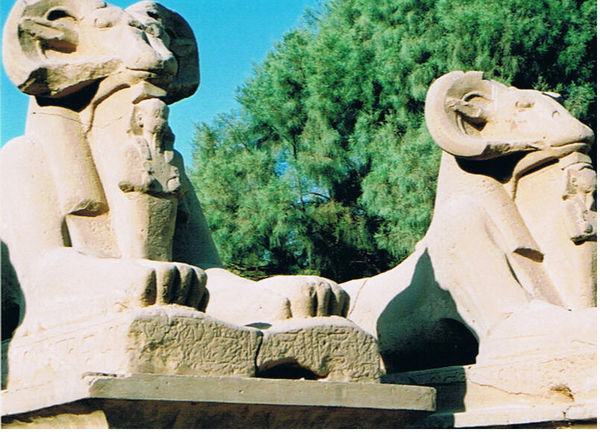 Ram headed sphinxes with statues of Ramses II