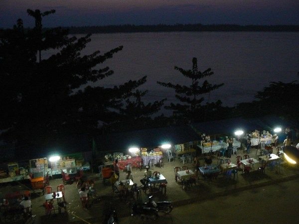 Food stalls and the river from our room