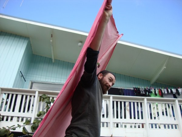 Aaron trying on his kite for size