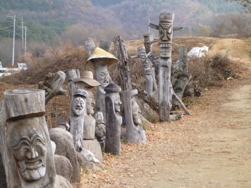 Carved faces outside Hahoe