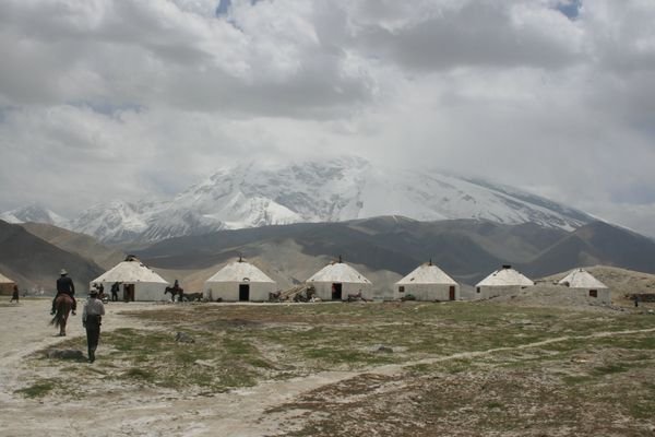 Yurt encampment by the side of Lake Karakul