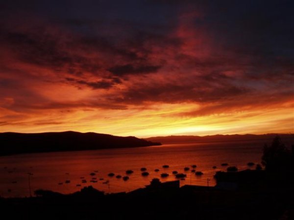 sunset in copacbana lake titicaca