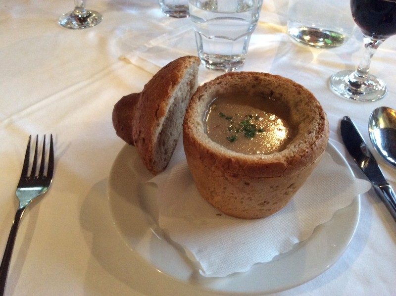 Mushroom soup in breadbowl