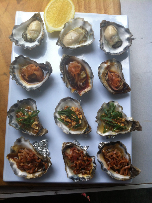 Happy Valentines Day gift to Jeff - local Woolgoolga Oysters 4 ways, washed down with cool bubbles YUM