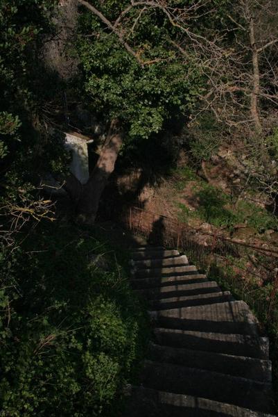 the steep stairs down to the little church in the gorge