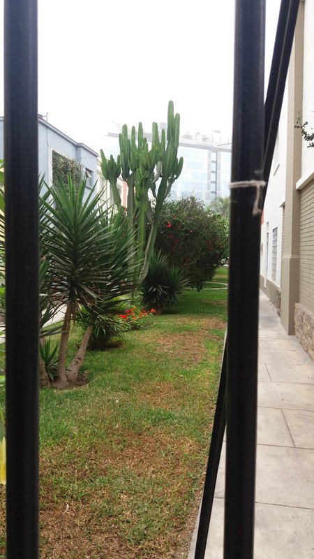 View through security gates to private garden in Miraflores