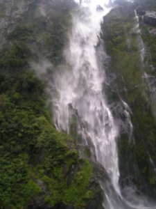 Spectacular waterfall at Milford Sound