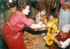 Offering Garland in Bhai Tika