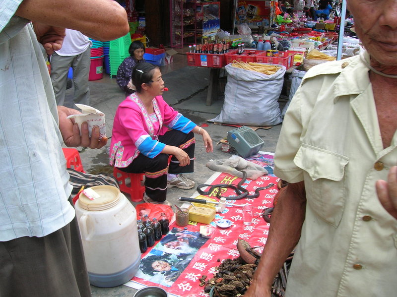 Marché de Gaotian: vendeuse de serpents