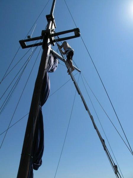 Taking the slow wobbly way up the mast..