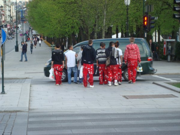 heaps of kids wear these silly red clown pants - ice hockey related maybe?