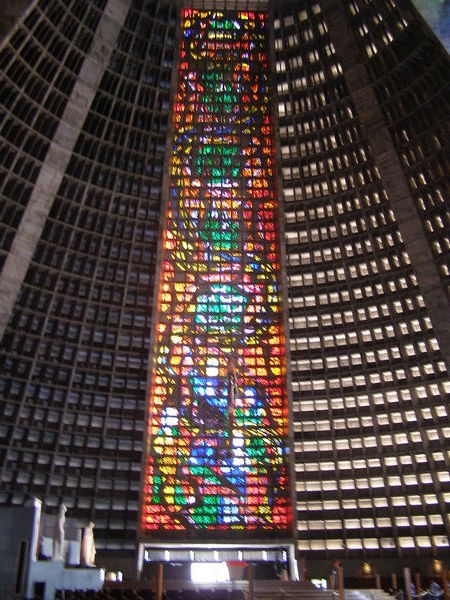 Inside Rio´s modern cathedral - these stained glass windows are each 60m tall