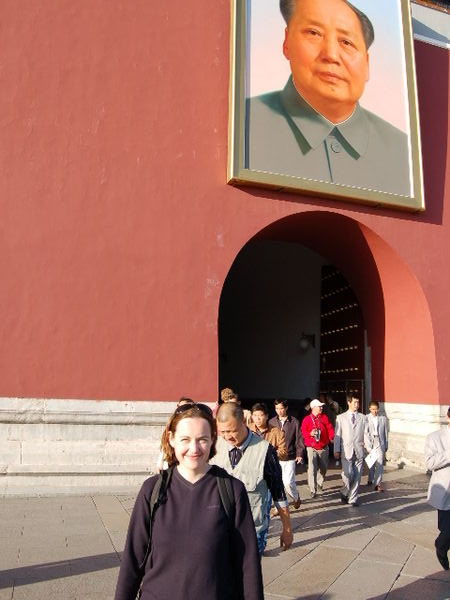 Paula underneath Mao's portrait, Beijing