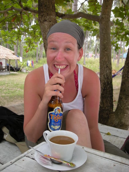 Laura copes well with her Tiger Beer and coffee chaser