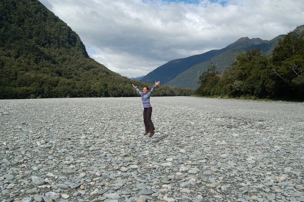 Paula in a dry riverbed, South Island