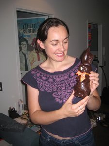 Paula admires her Easter chocolate bunny gift 