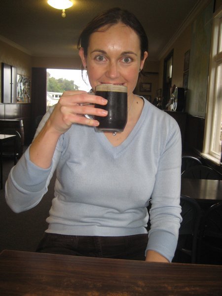 Paula and a dark beer, South Seas Hotel, Stewart Island