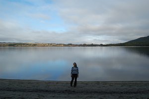 Paula on the shore of Lake Te Anau