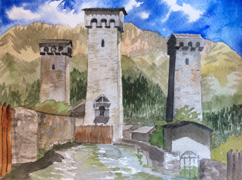 Watercolour sketch of Margiana towers