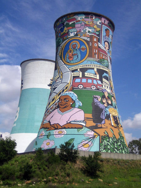 Giant mural on cooling towers in Soweto
